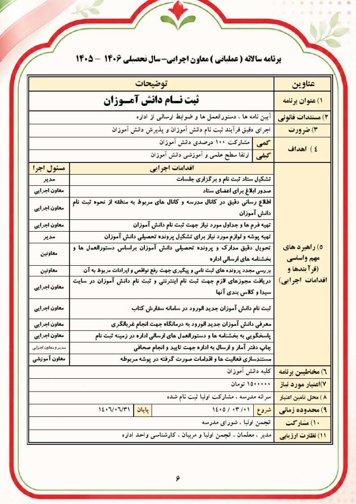 برنامه سالانه و تقویم اجرایی معاون اجرایی ابتدایی 1406- 1405 - Image 7