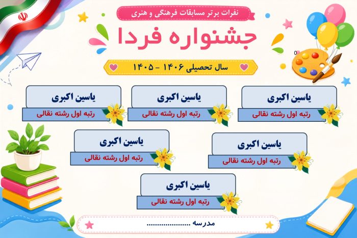 پوستر قابل ویرایش نفرات برتر مسابقات فرهنگی و هنری جشنواره فردا ( نمونه شماره 6 پسرانه ) - Image 2